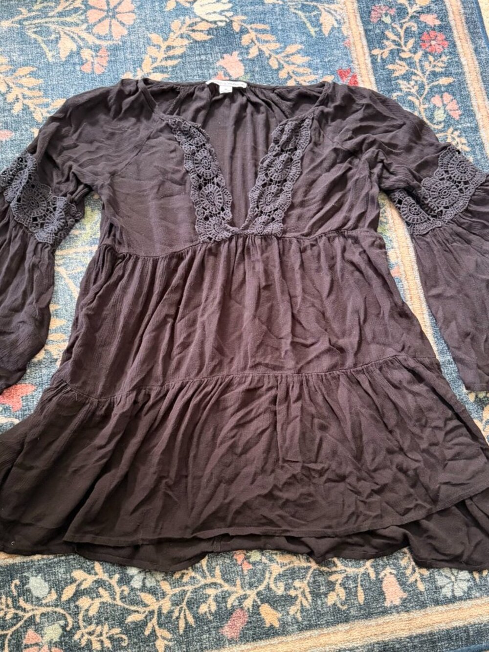 O'Neill Saltwater Solids Babydoll Top Crochet Lace Bell Sleeves Black Size M